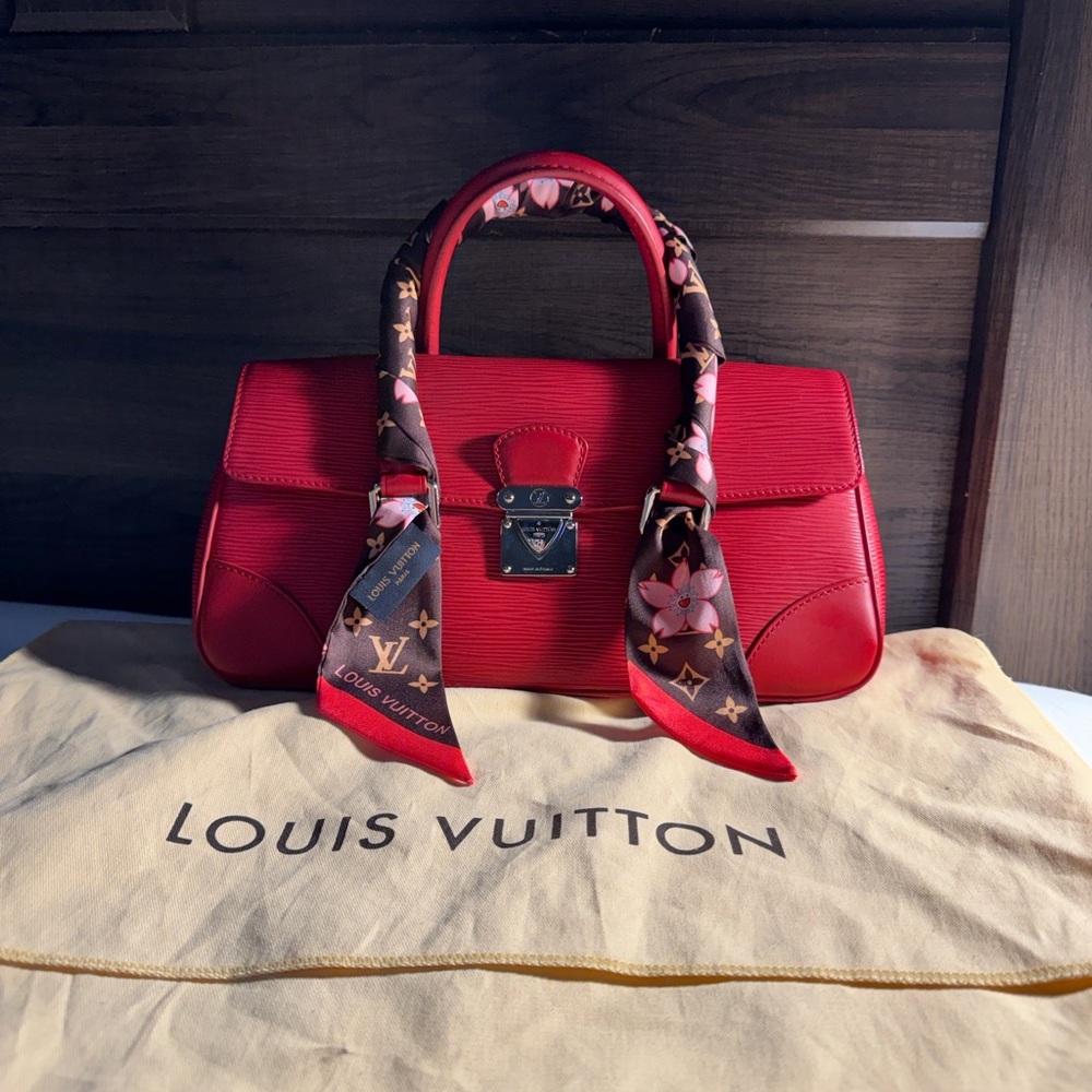 Louis Vuitton Red Epi Leather Satchel with Logo Scarf-Wrapped Handles